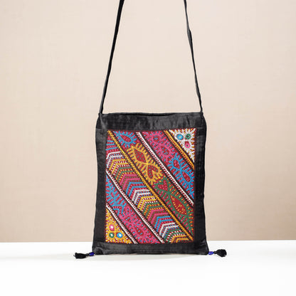 Black - Kutch Rabari Hand Embroidery Mashru Silk Sling Bag