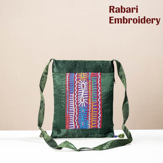 Green - Kutch Rabari Hand Embroidery Mashru Silk Sling Bag