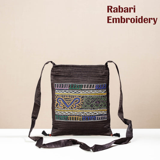 Brown - Kutch Rabari Hand Embroidery Mashru Silk Sling Bag