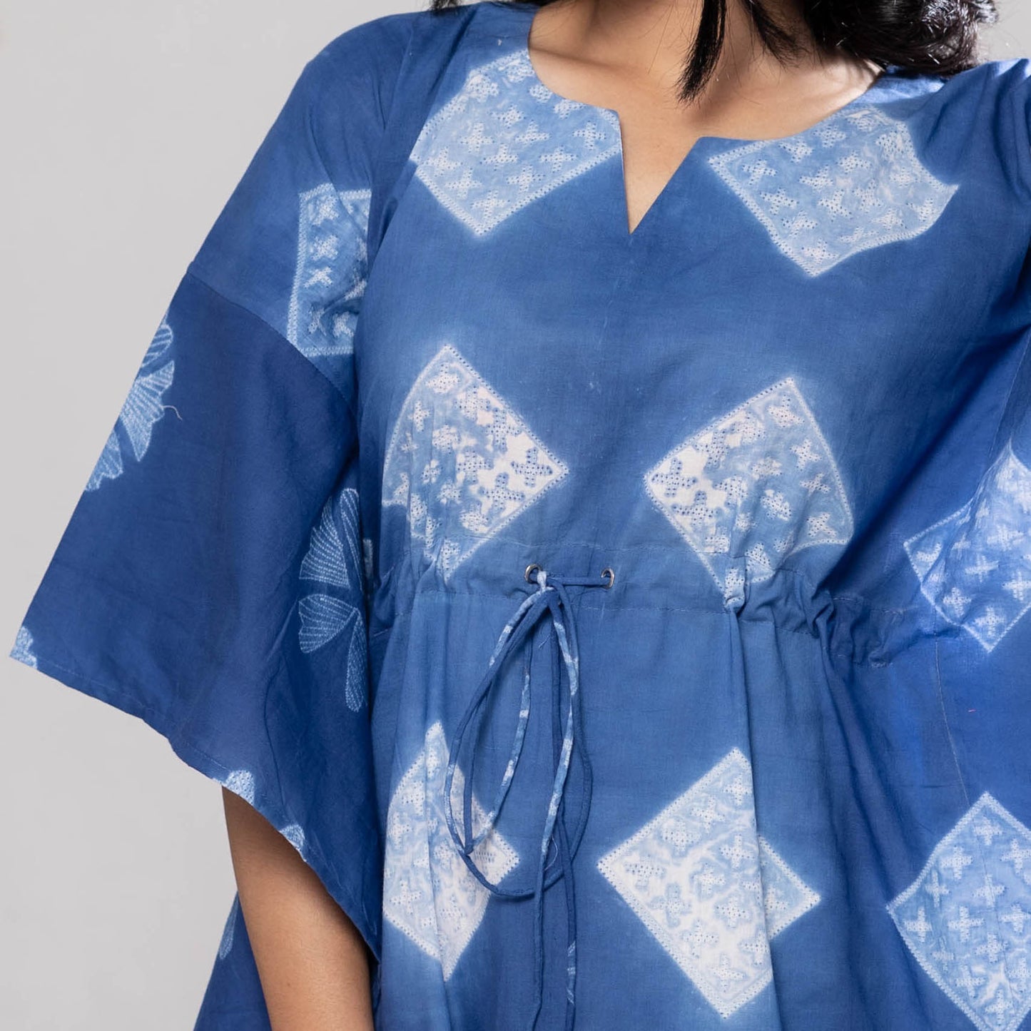 Blue - Indigo Nui Shibori Tie-Dye Cotton Kaftan Dress
