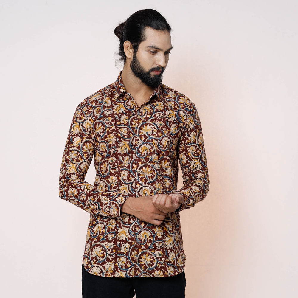 Maroon - Kalamkari Block Printed Cotton Men Full Sleeve Shirt