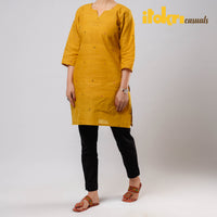 Yellow - iTokri Casuals - Jamdani Handloom Cotton Short Kurta