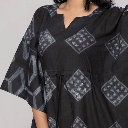 Black Nui Shibori Tie-Dye Cotton Kaftan Dress