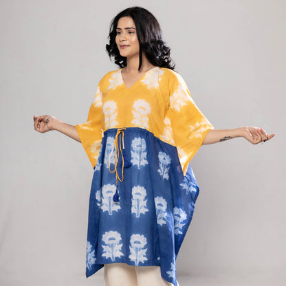 Multicolor - Yellow & Indigo Nui Shibori Tie-Dye Cotton Kaftan Dress