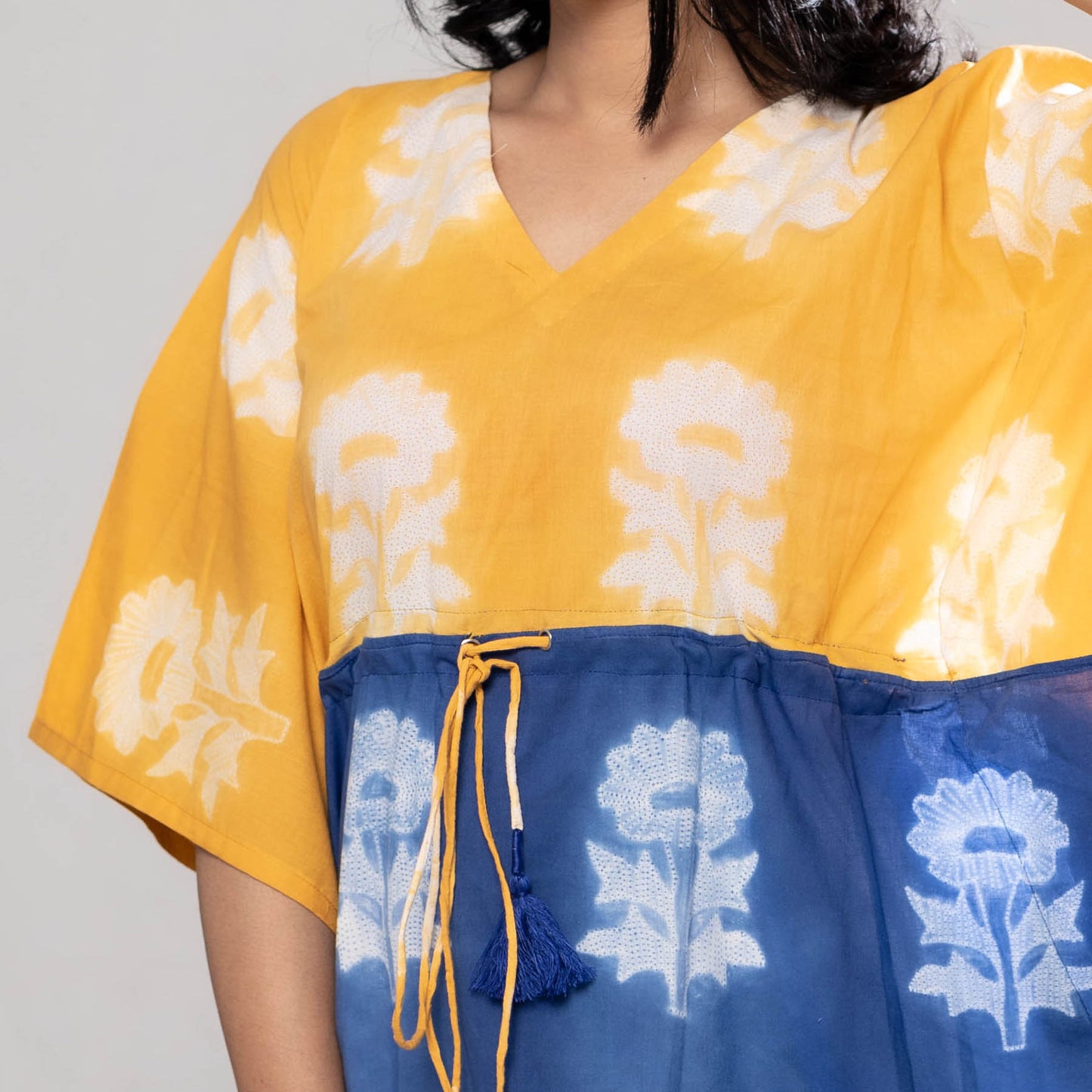 Yellow & Indigo Nui Shibori Tie-Dye Cotton Kaftan Dress