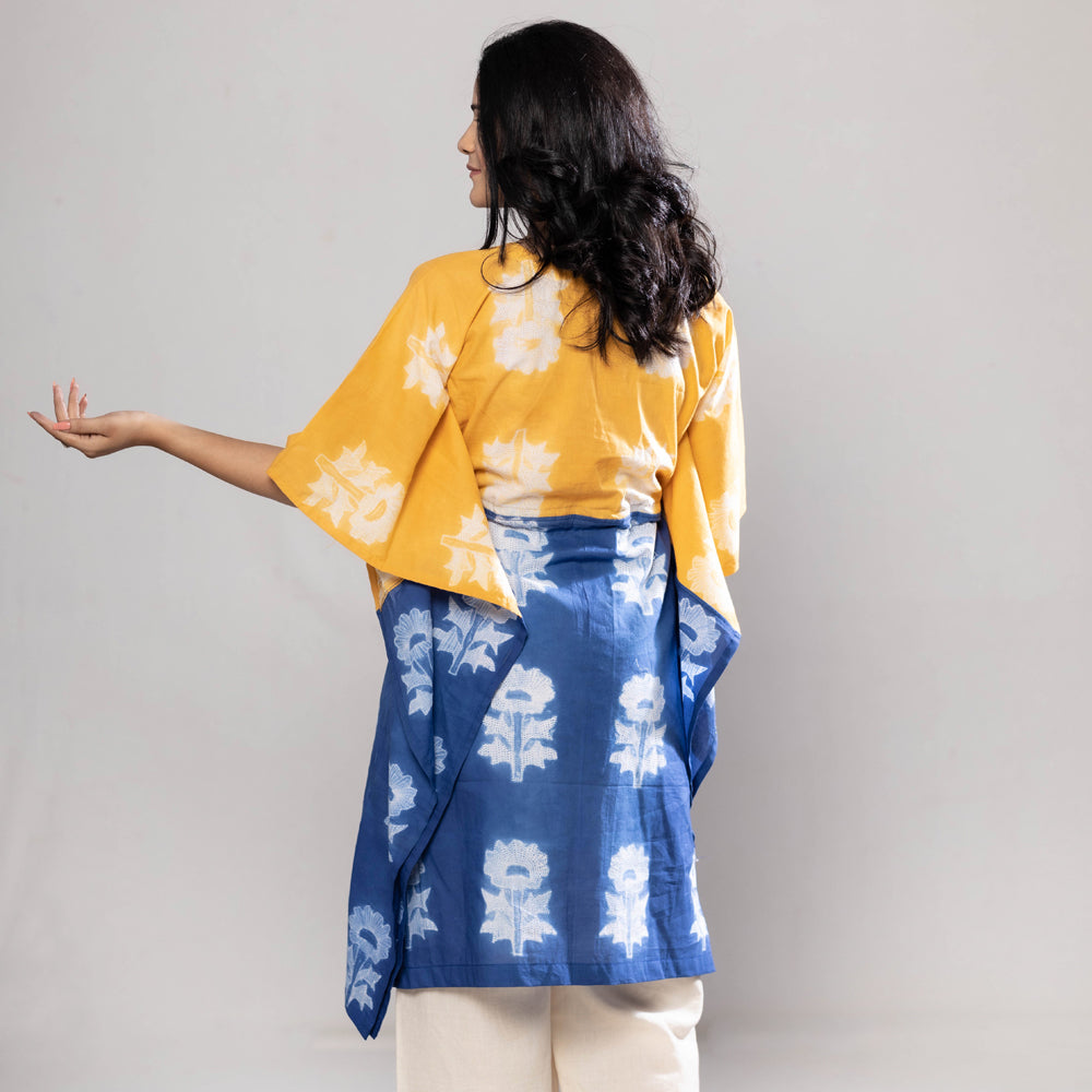 Multicolor - Yellow & Indigo Nui Shibori Tie-Dye Cotton Kaftan Dress