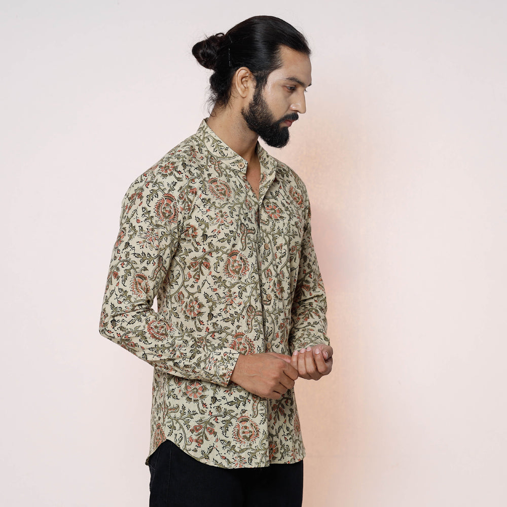 Beige - Kalamkari Block Printed Cotton Men Full Sleeve Shirt