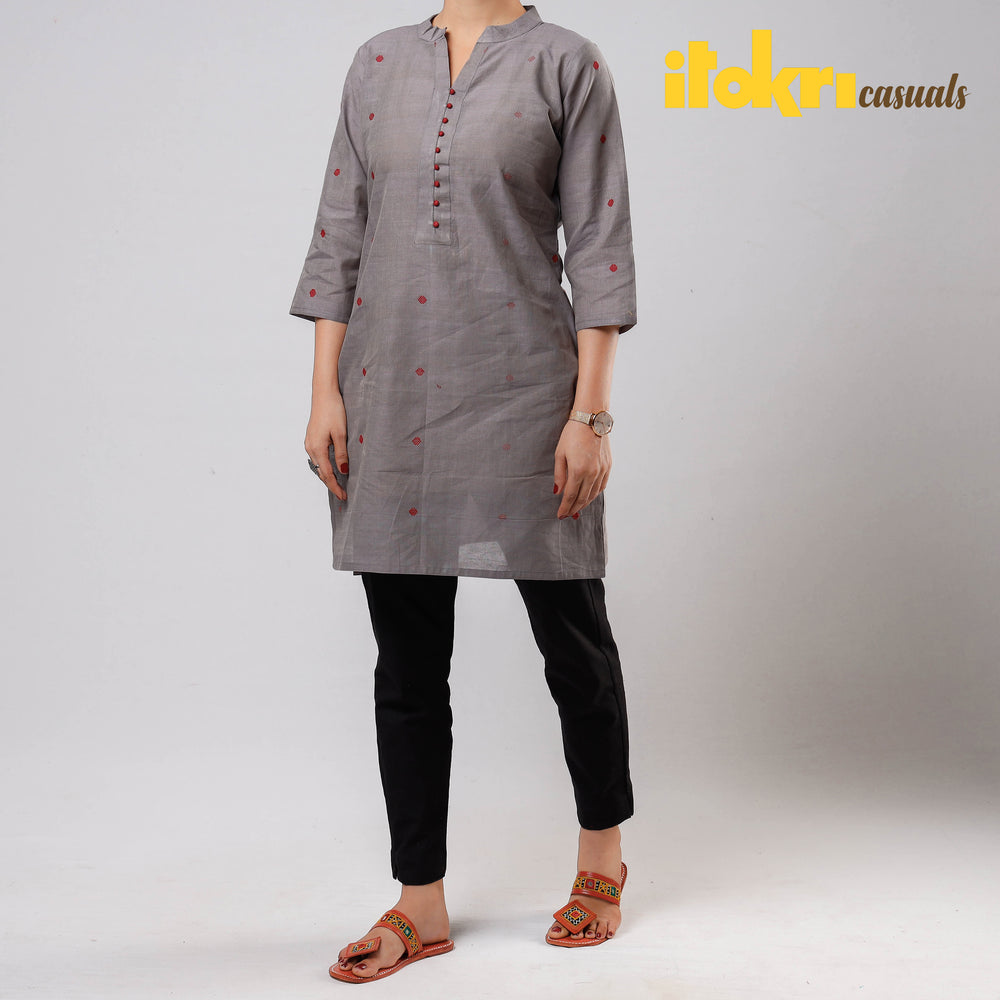 Grey - iTokri Casuals - Jamdani Handloom Cotton Short Kurta