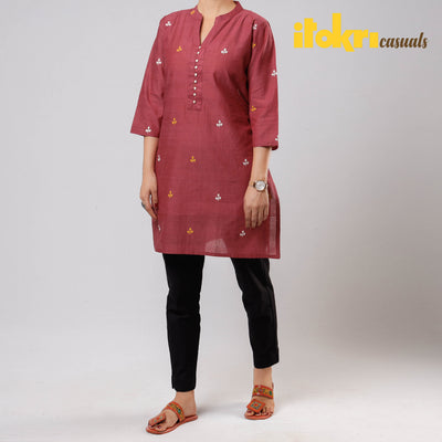 Red - iTokri Casuals - Jamdani Handloom Cotton Short Kurta