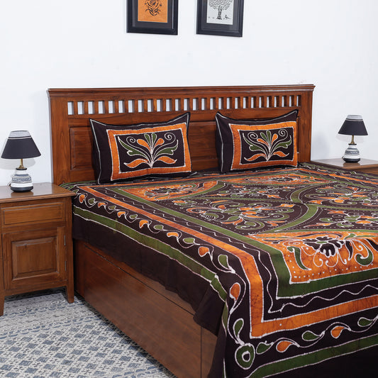 Brown - Hand Batik Printed Cotton Double Bed Cover with Pillow Covers (104 x 90 in)