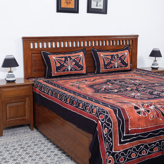 Orange - Hand Batik Printed Cotton Double Bed Cover with Pillow Covers (104 x 90 in)