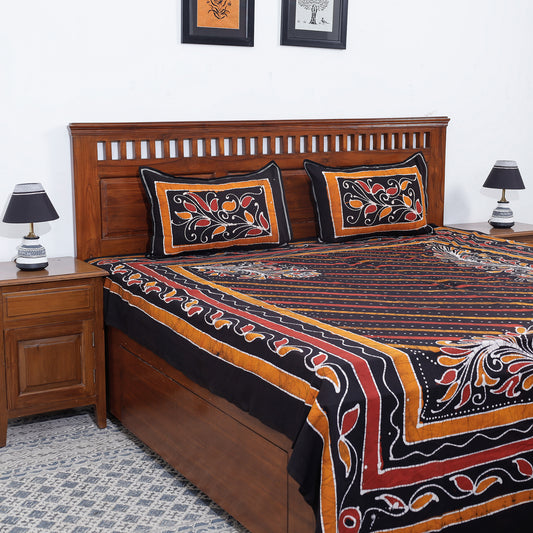 Black - Hand Batik Printed Cotton Double Bed Cover with Pillow Covers (104 x 90 in)