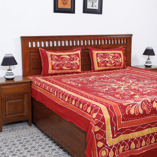 Red - Hand Batik Printed Cotton Double Bed Cover with Pillow Covers (104 x 90 in)