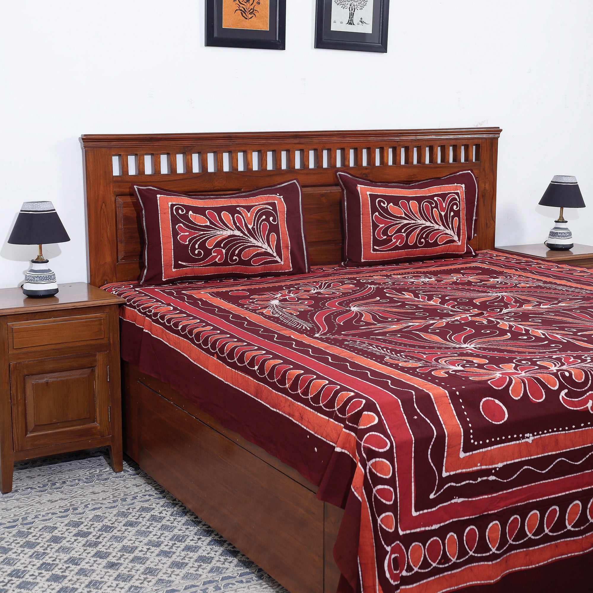 Buy Hand Batik Printed Cotton Double Bed Cover with Pillow Covers Online at iTokri.com