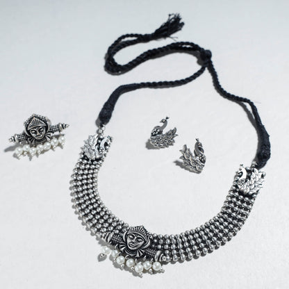 Antique Silver Finish Oxidised Brass Base Necklace Set with Ring