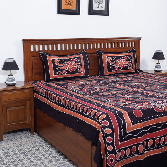 Black - Hand Batik Printed Cotton Double Bed Cover with Pillow Covers (104 x 90 in)