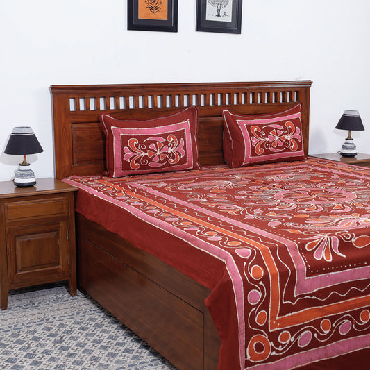 Maroon - Hand Batik Printed Cotton Double Bed Cover with Pillow Covers (104 x 90 in)
