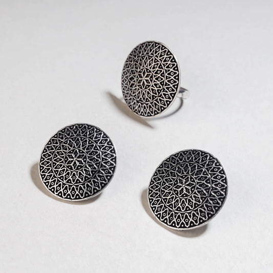 Antique Finish Oxidised German Silver Earrings with Ring