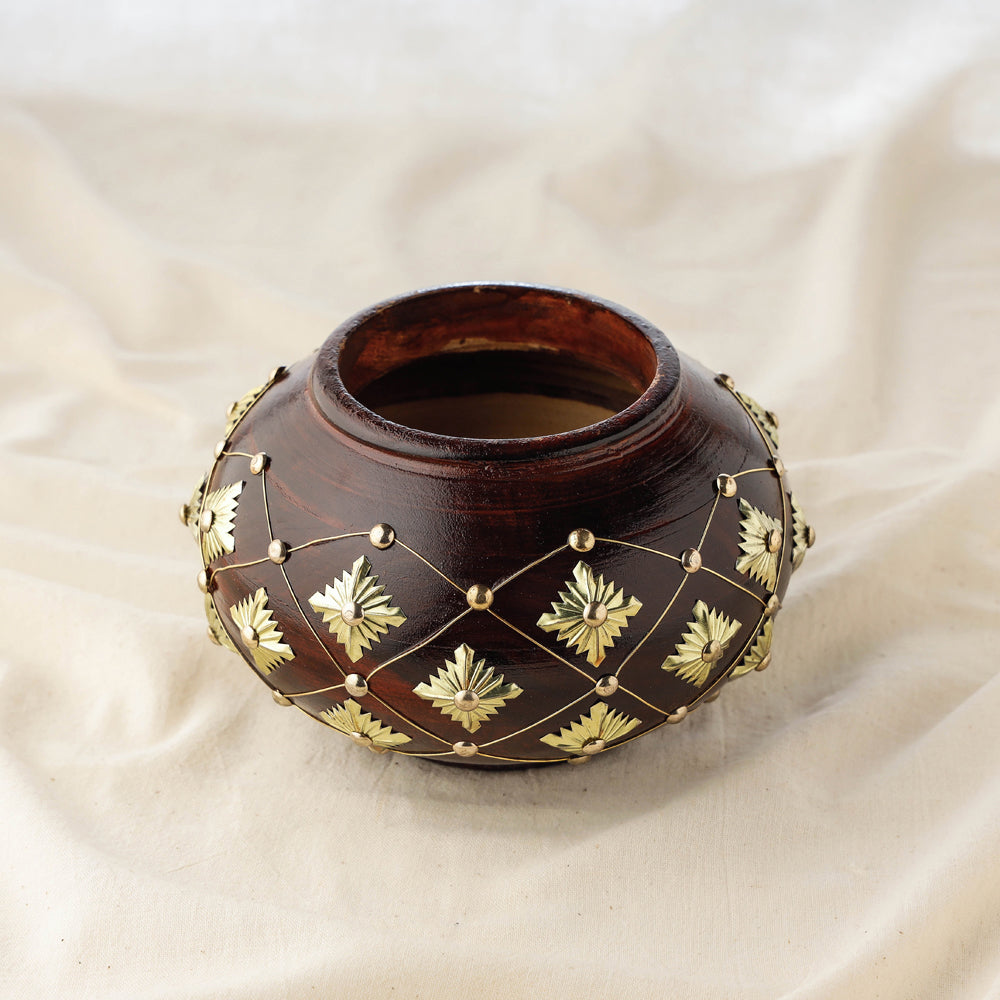 Handcrafted Mango Wooden and Brass Flower Pot (Set of 3)