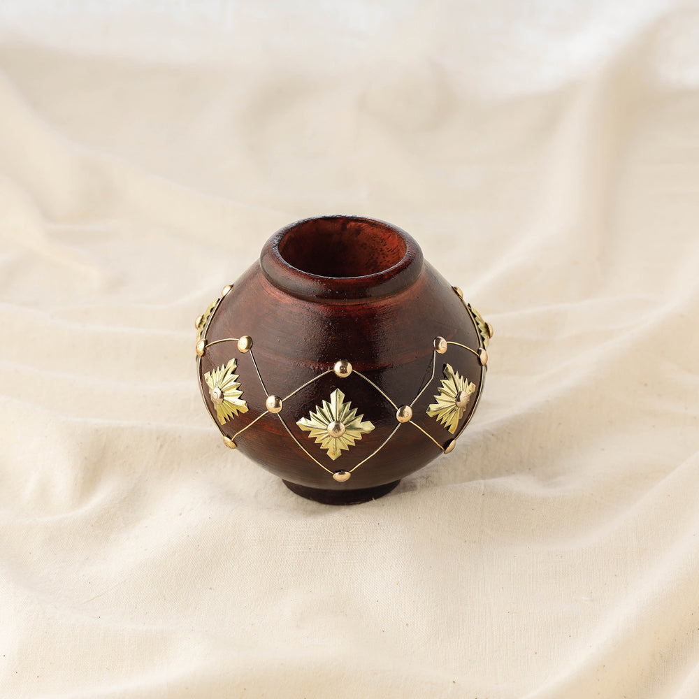 Handcrafted Mango Wooden and Brass Flower Pot (Set of 3)