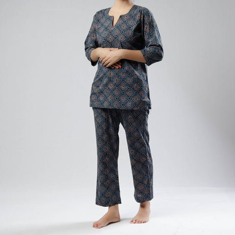 Blue - Ajrakh Block Print Cotton Night Suit