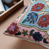 Multicolor - Chain Stitch Crewel Wool Thread Embroidery Cushion Cover (16 x 16 in)