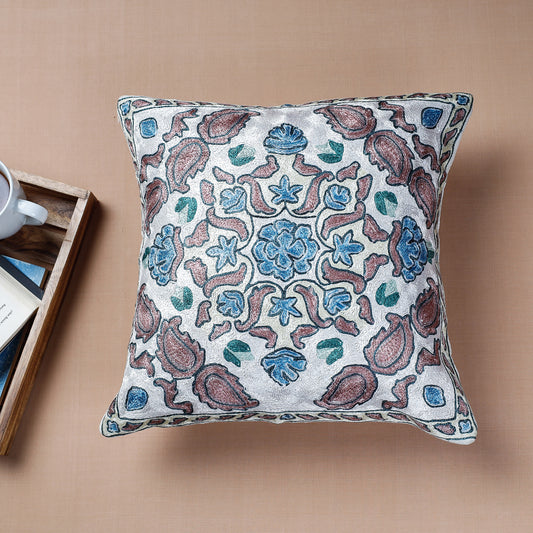 White - Chain Stitch Crewel Silk Thread Embroidery Cushion Cover (16 x 16 in)