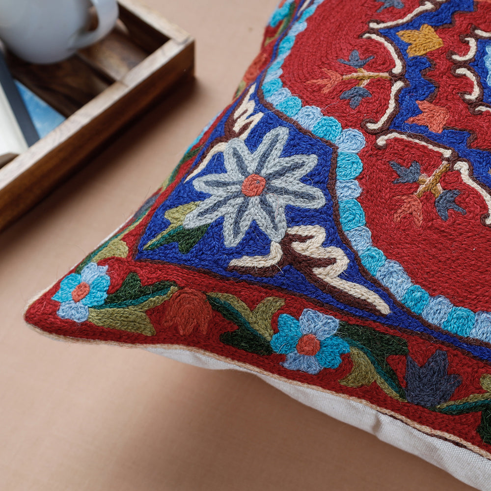 Multicolor - Chain Stitch Crewel Wool Thread Embroidery Cushion Cover (16 x 16 in)