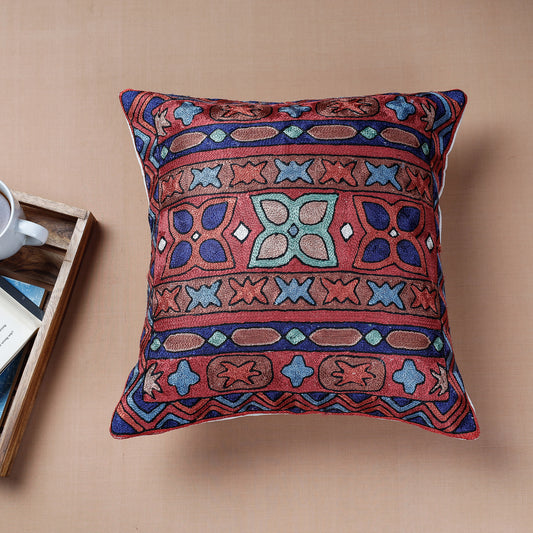Multicolor - Chain Stitch Crewel Silk Thread Embroidery Cushion Cover (16 x 16 in)