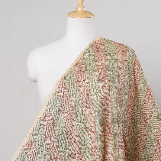 Multicolor - Beige - Bengal Kantha Work Pure Tussar Silk Fabric