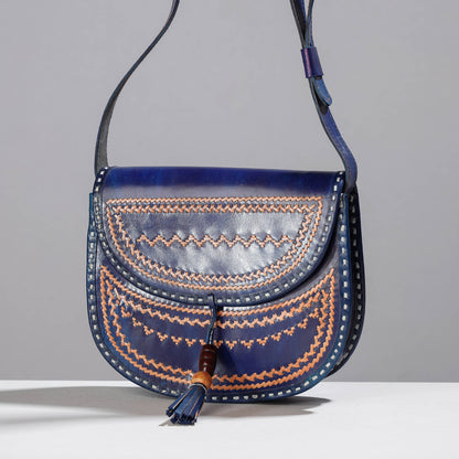 Blue - Handcrafted Kutchi Embroidery Leather Sling Bag with Bag Charm