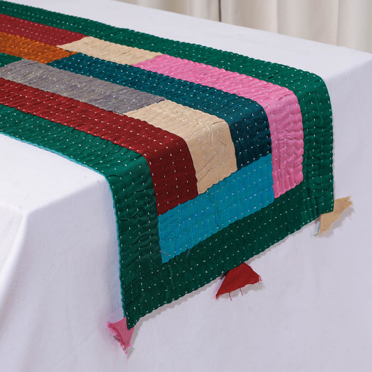Kowdhi Silk Patchwork Kantha Stitch Table Runner (61 x 13 in)