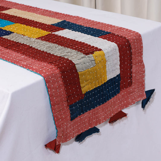Kowdhi Silk Patchwork Kantha Stitch Table Runner (61 x 13 in)