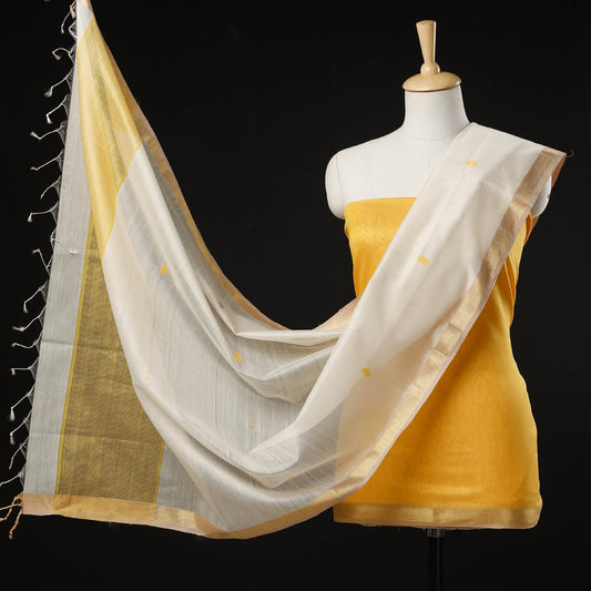 Yellow - 2pc Maheshwari Silk Handloom Buti Suit Material Set with Narmada Lehar Zari Border