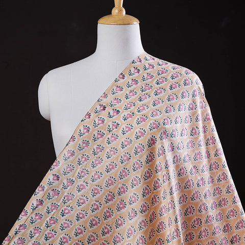 Beige - Pink Florets Sanganeri Block Printed Handloom Chanderi Silk Fabric