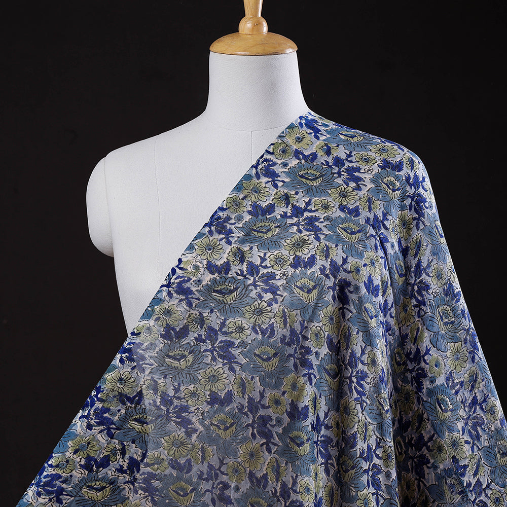 Blue Floral Sanganeri Block Printed Handloom Chanderi Silk Fabric