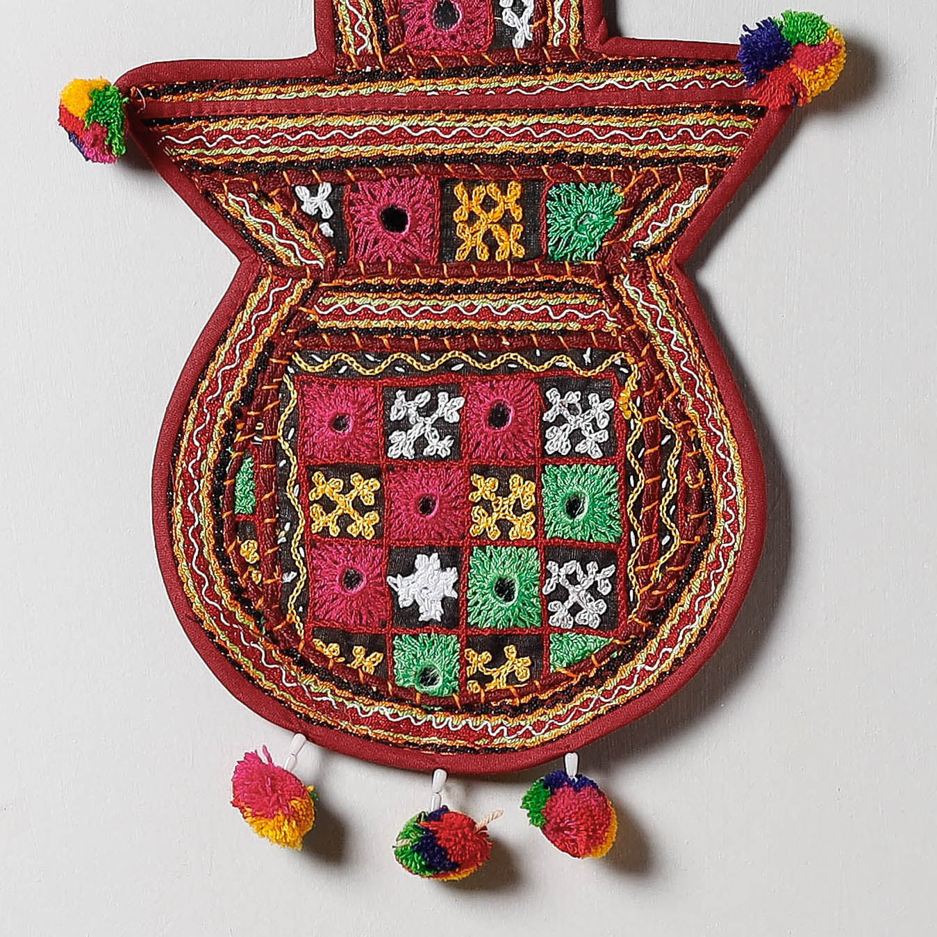 Mirror Work Kutch Hand Embroidered Kalash Wall Hanging Letter Holder