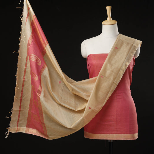 Pink - 2pc Maheshwari Silk Handloom Suit Material Set with Narmada Lehar Zari Border
