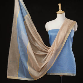 Blue - 2pc Chanderi Silk Handloom Suit Material Set with Zari Border
