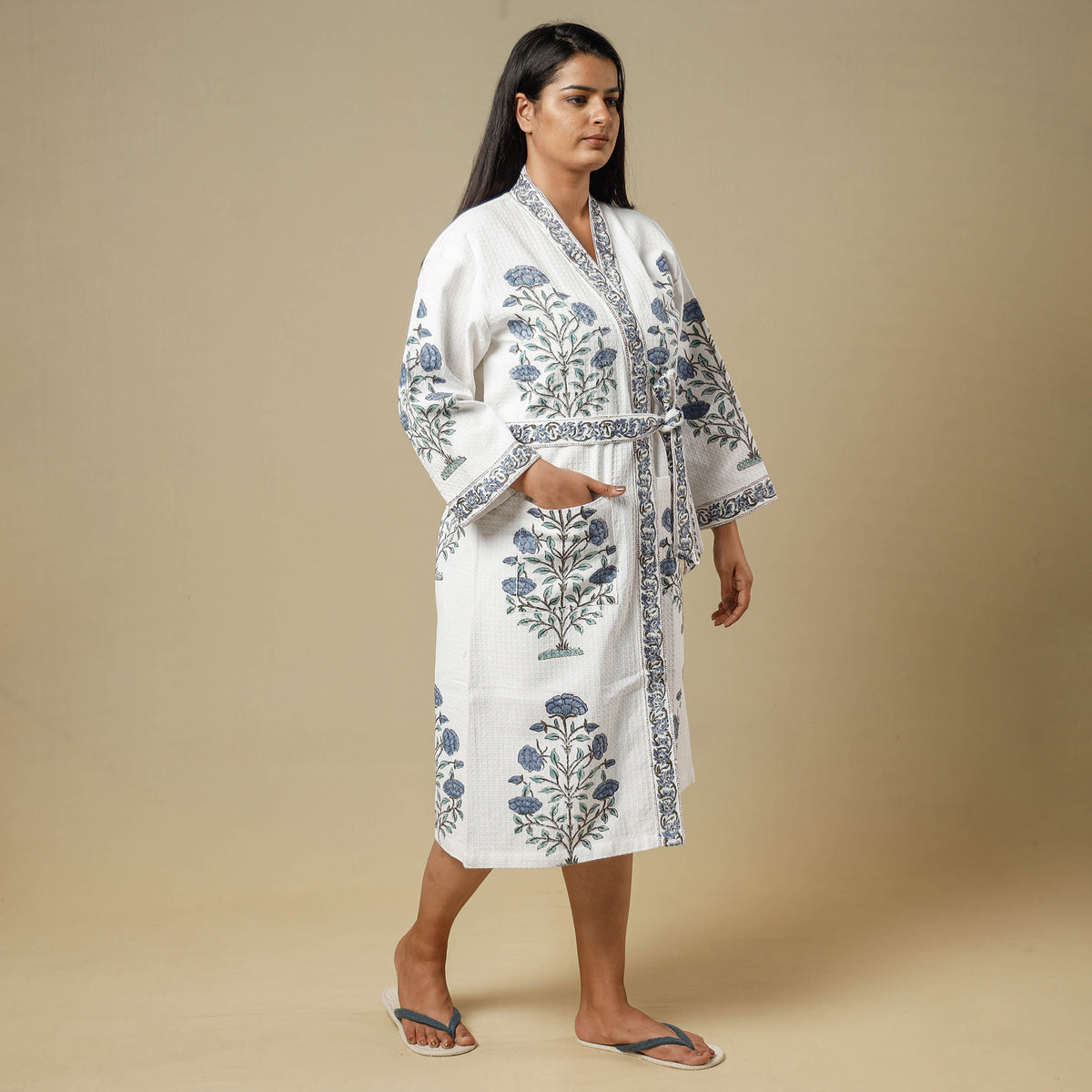 Sanganeri block printed waffle weave handwoven bath robe