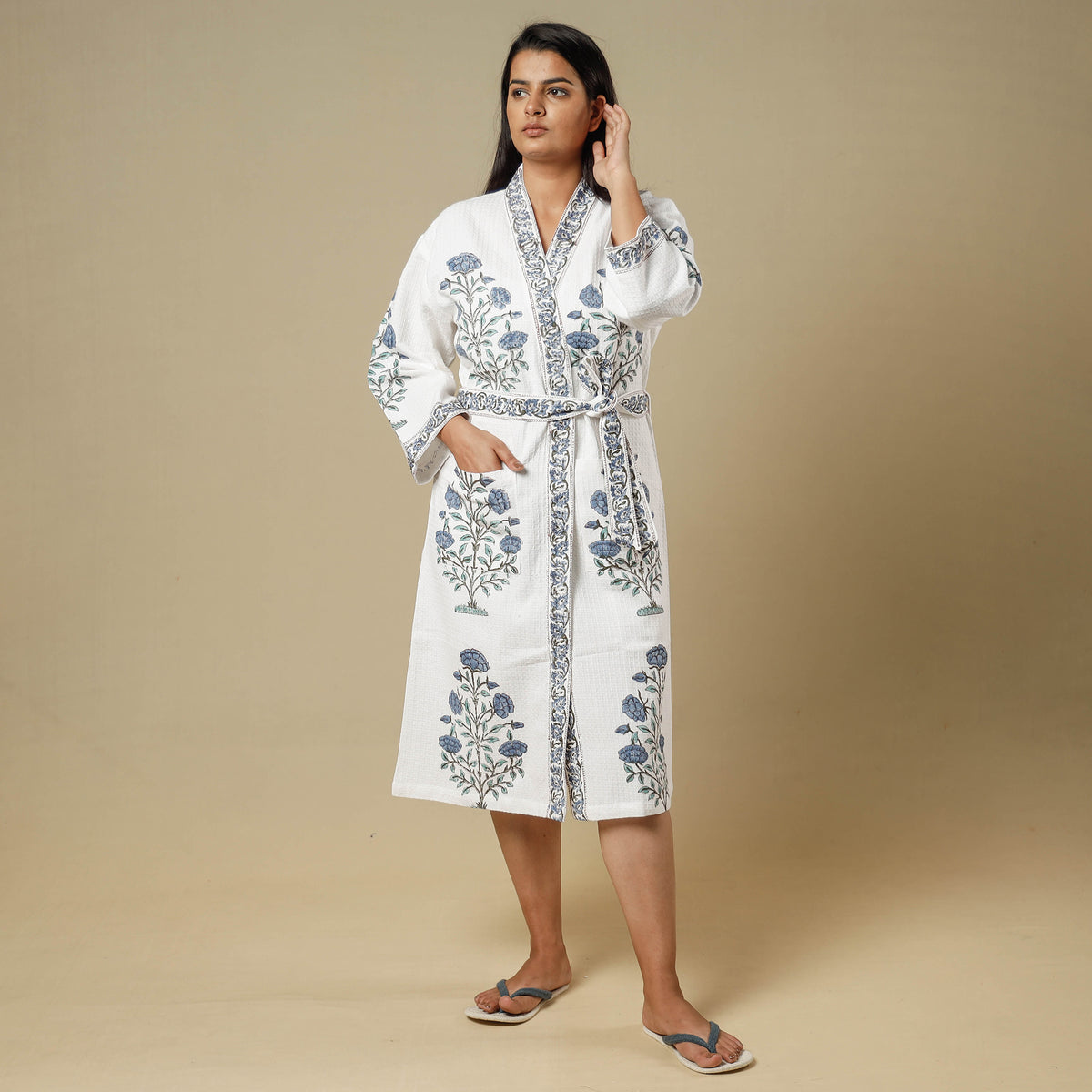 Sanganeri block printed waffle weave handwoven bath robe