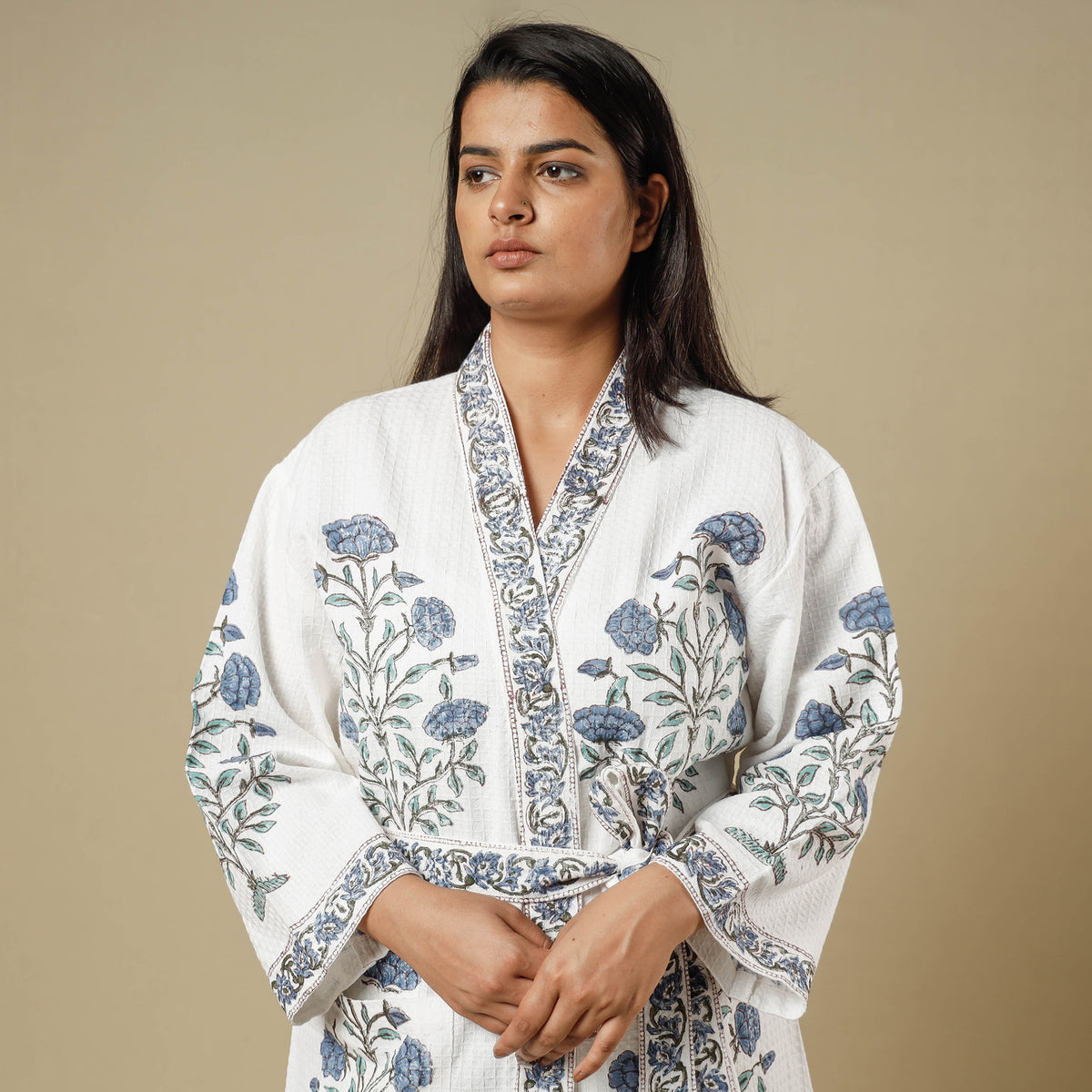 Sanganeri block printed waffle weave handwoven bath robe
