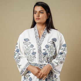 Sanganeri block printed waffle weave handwoven bath robe