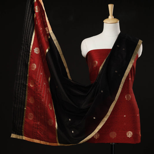 Maroon - 3pc Chanderi Silk Handloom Flower Zari Buti Suit Material Set