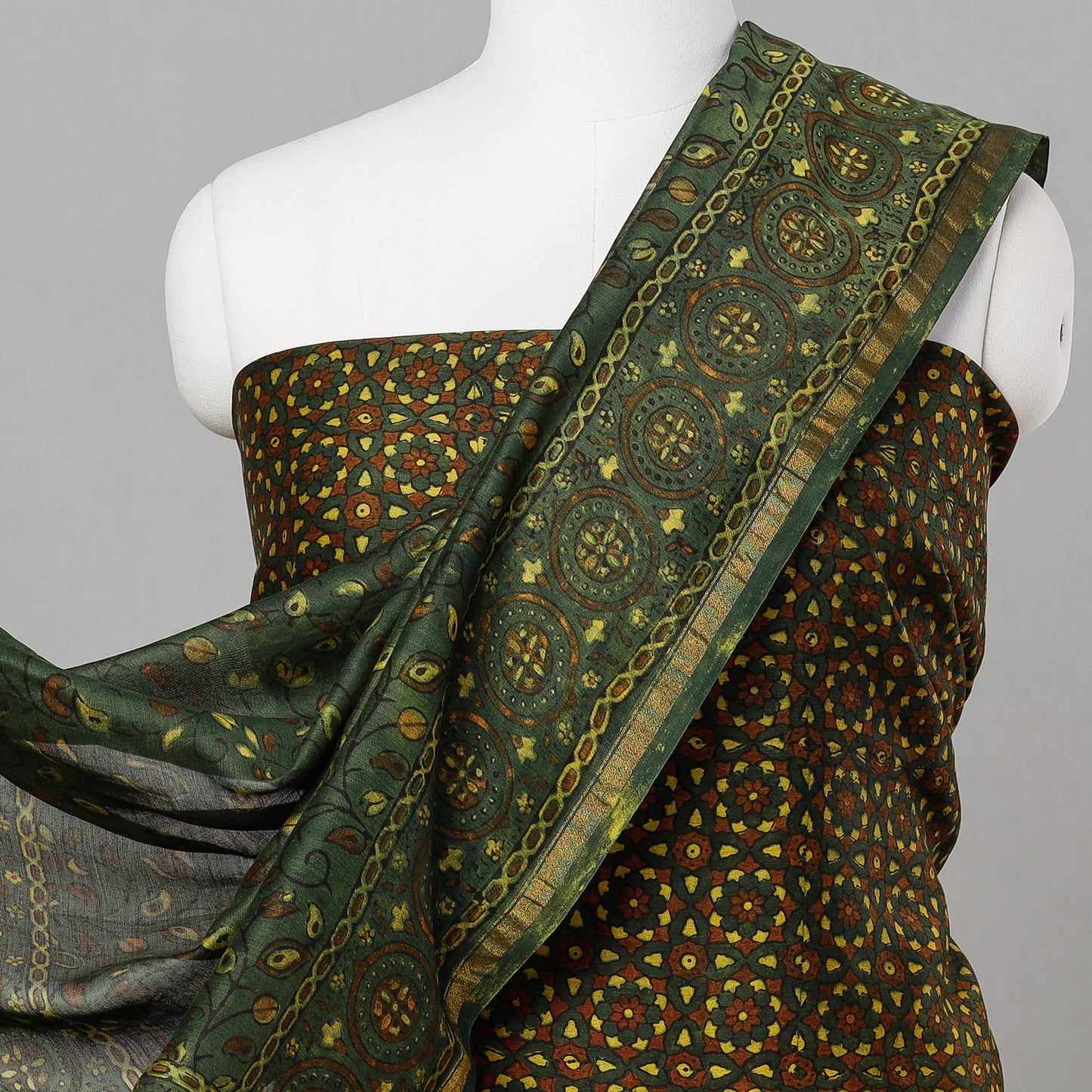 Green - 2pc Ajrakh Block Printed Chanderi Silk Suit Material Set