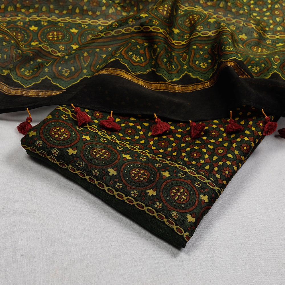 Green - 2pc Ajrakh Block Printed Chanderi Silk Suit Material Set