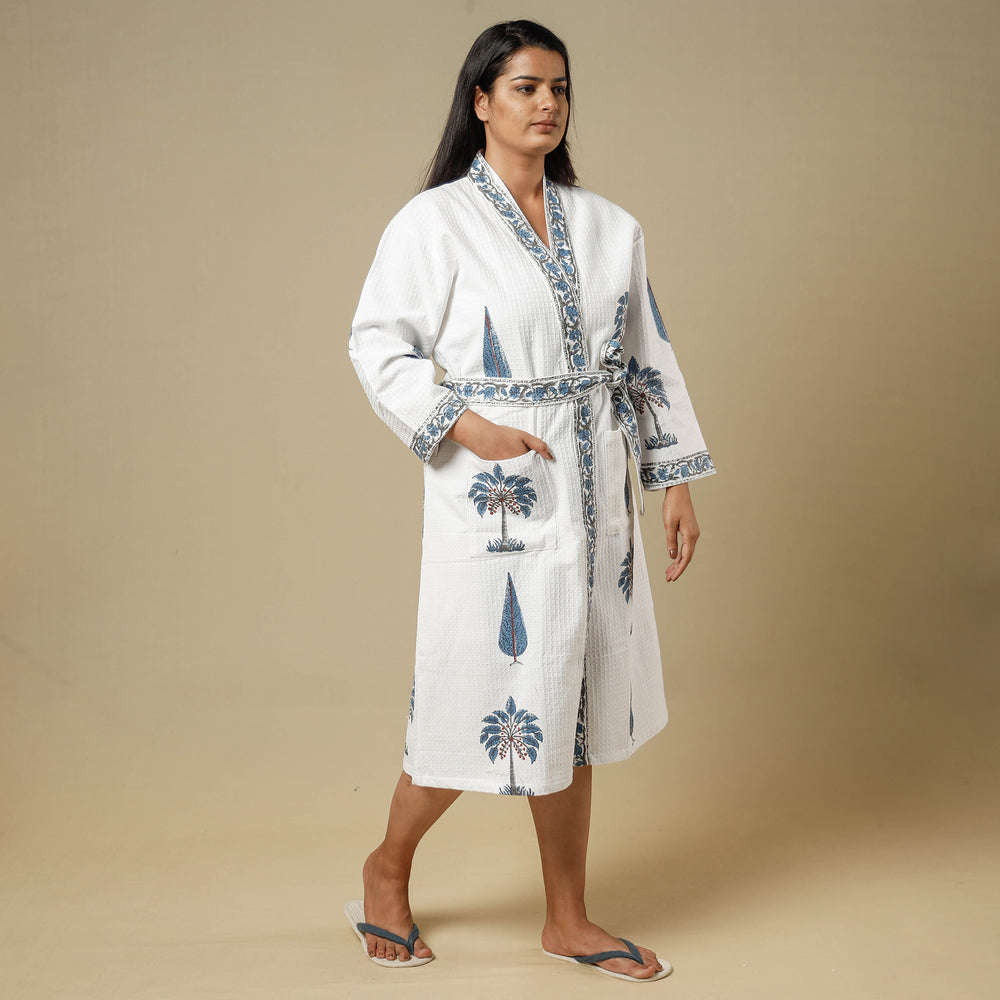 Sanganeri Block Printed Waffle Weave Handwoven Bath Robe