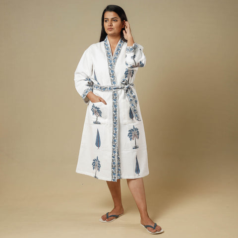 Sanganeri Block Printed Waffle Weave Handwoven Bath Robe