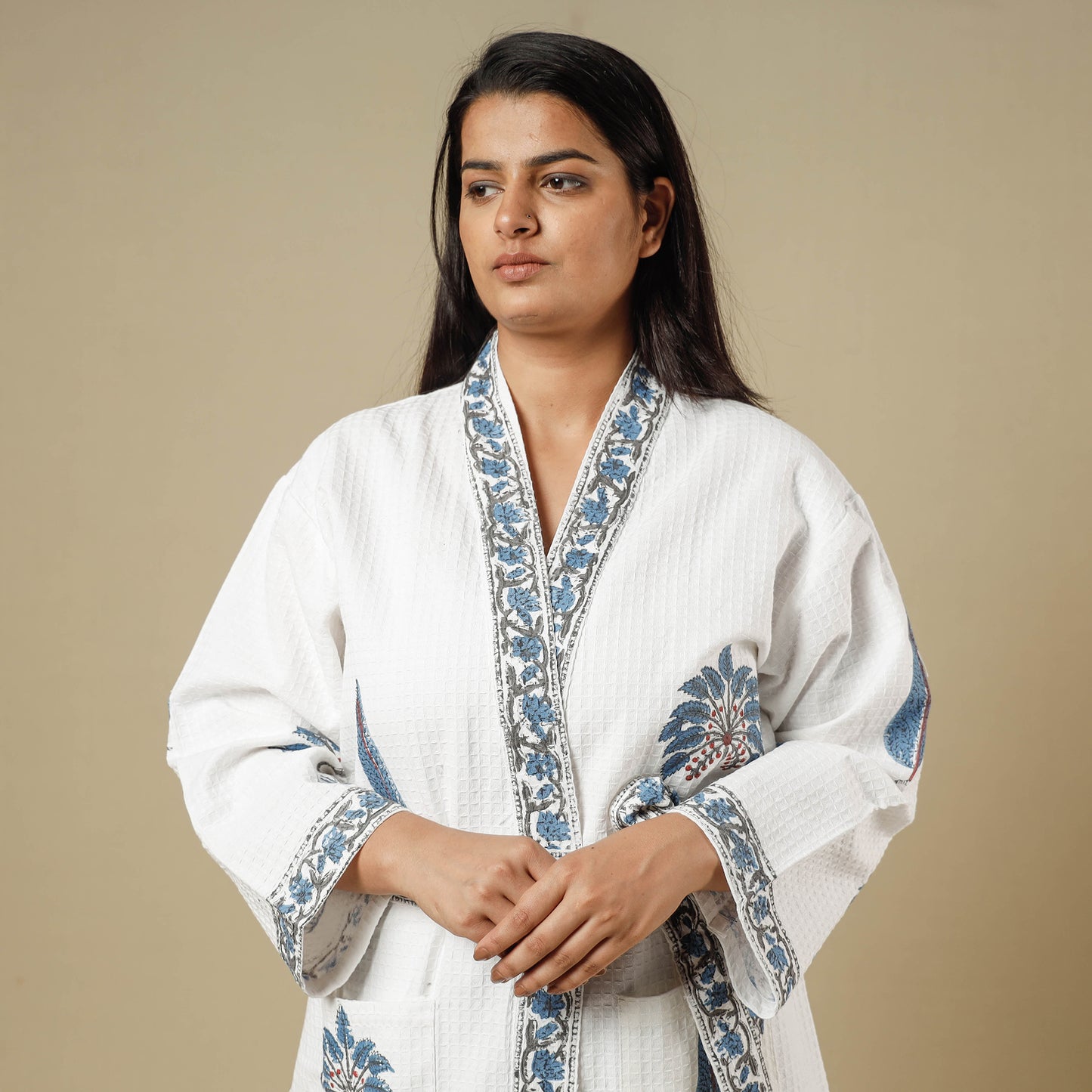 Sanganeri Block Printed Waffle Weave Handwoven Bath Robe