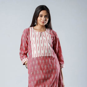 Pink - Pochampally Ikat Weave Cotton Long Straight Kurta 06